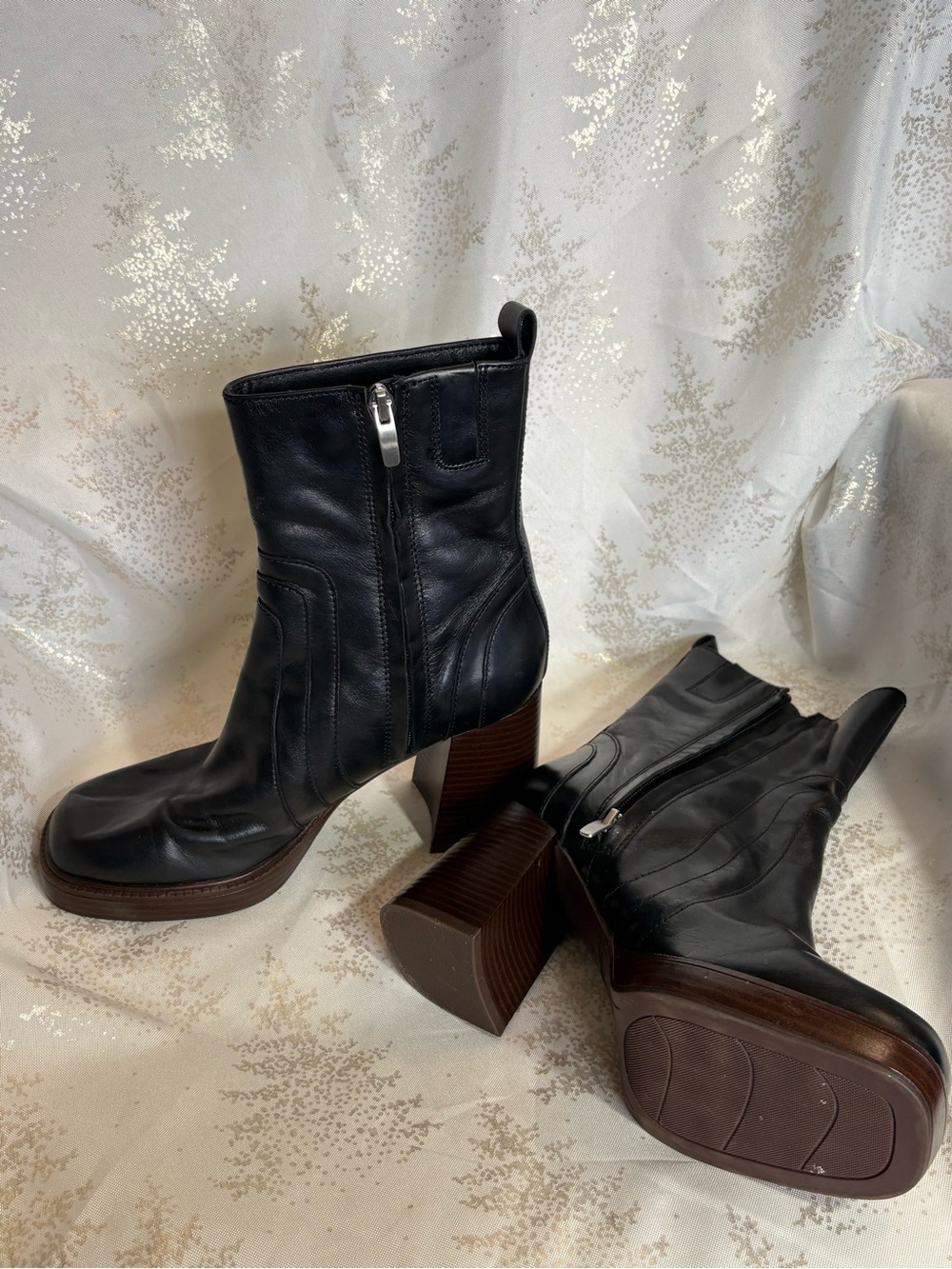 Nine West Black Leather Platform Block Heel Ankle Boots - Picture 13 of 16